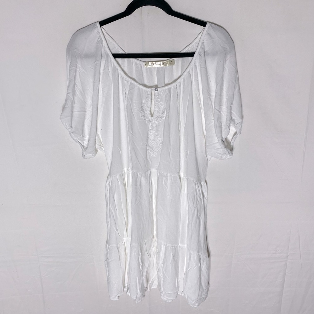 Liberty Love White Short Sleeve Tiered Boho Mini Dress M